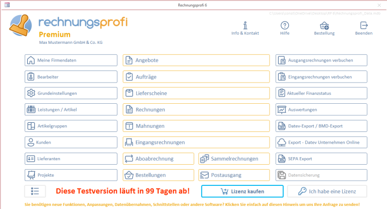 Rechnungsprofi Premium – Rechnungsprogramm mit E-Rechnung, DATEV und Auftragsverwaltung Hauptmaske Rechnungsprofi Premium, der professionellen Rechnungssoftware mit E-Rechnung, DATEV-Export und umfassender Auftragsbearbeitung