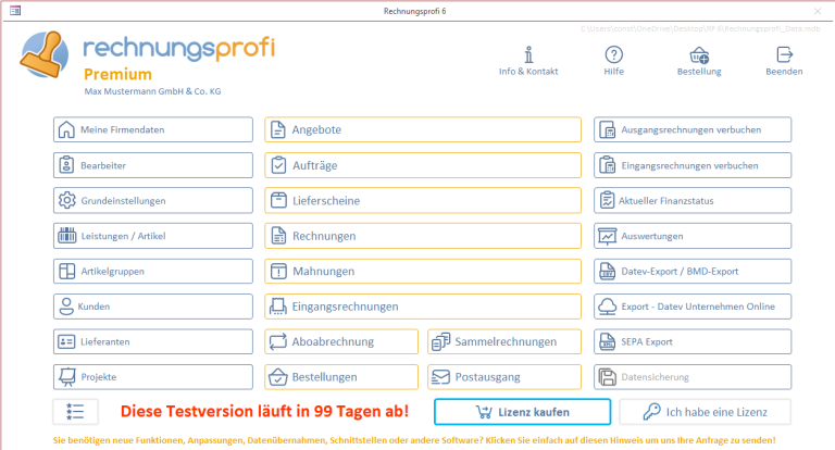 Rechnungsprogramm Rechnungsprofi Premium Hauptmaske Rechnungsprogramm Rechnungsprofi Premium